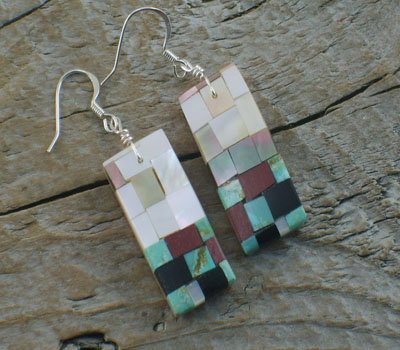 Earrings Native American Inlay Mosaic Tiles Long -A